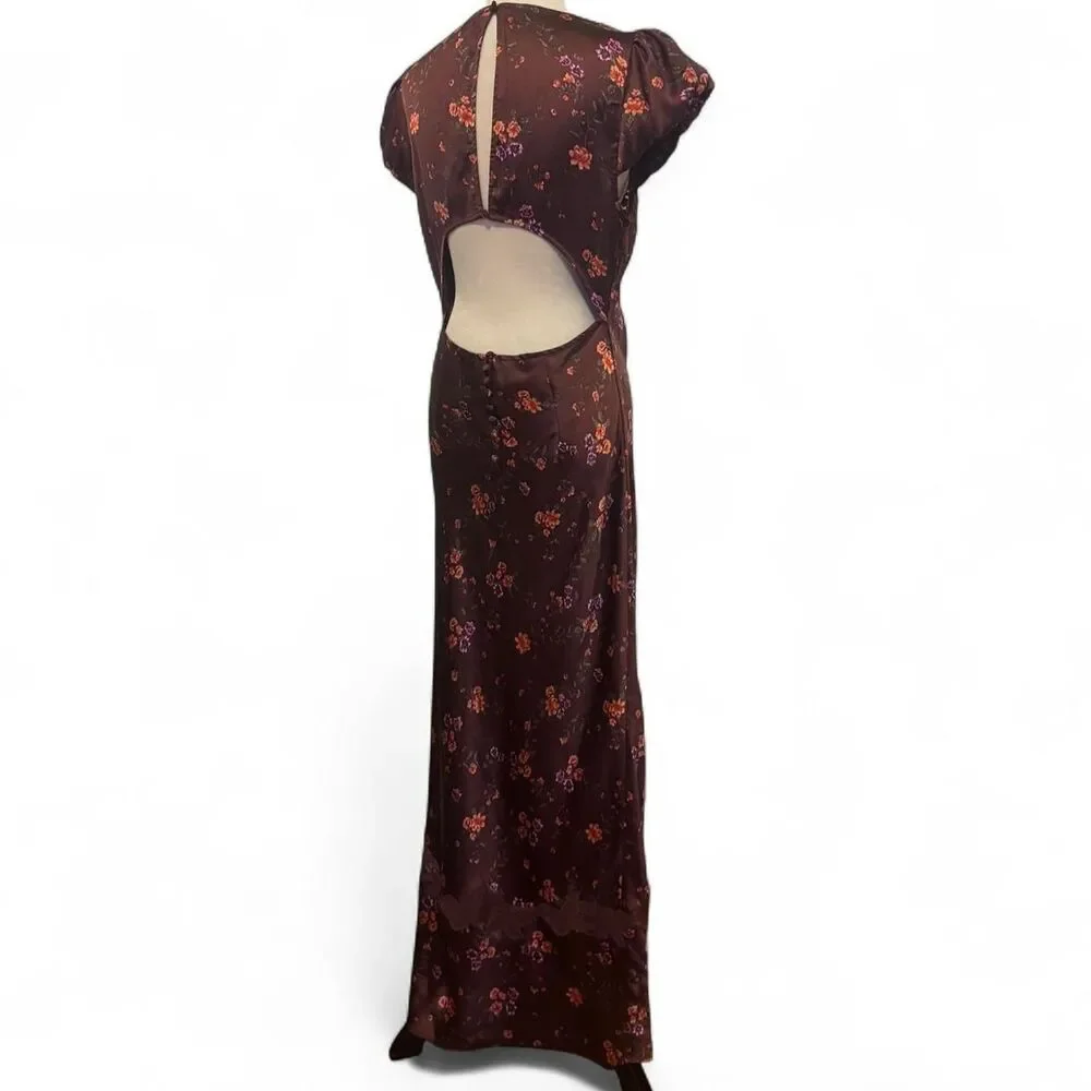 Free People Butterfly Babe Brown Floral Milkmaid Maxi Slip Dress Bias Cut Size L - Picture 5 of 8